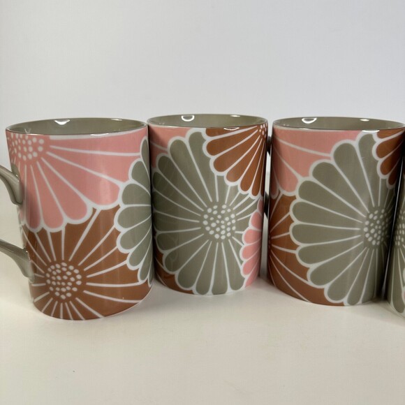 Fitz & Floyd Cups Gray Brown Pink Set of 4 KiKu Pattern porcelain - Picture 6 of 9